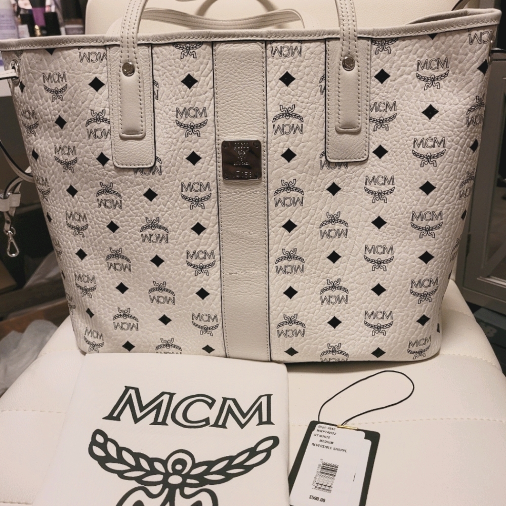 MCM White Visetos Reversible Liz Tote